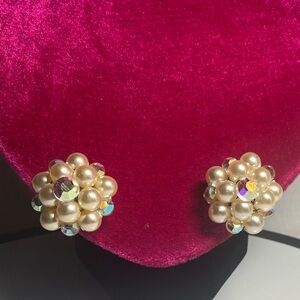 Vintage white faux pearl/aurora borealis clip earrings.